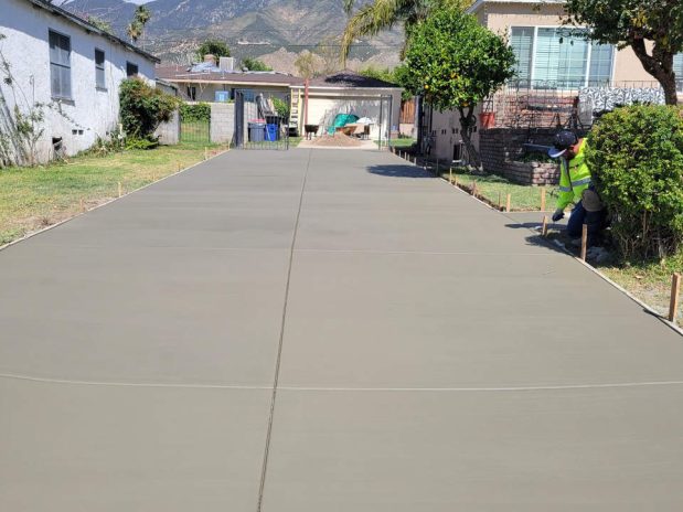 Concrete driveway with palm trees and a clear blue sky.